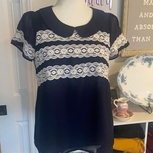 Navy Blue Lace Peter Pan Collar Blouse